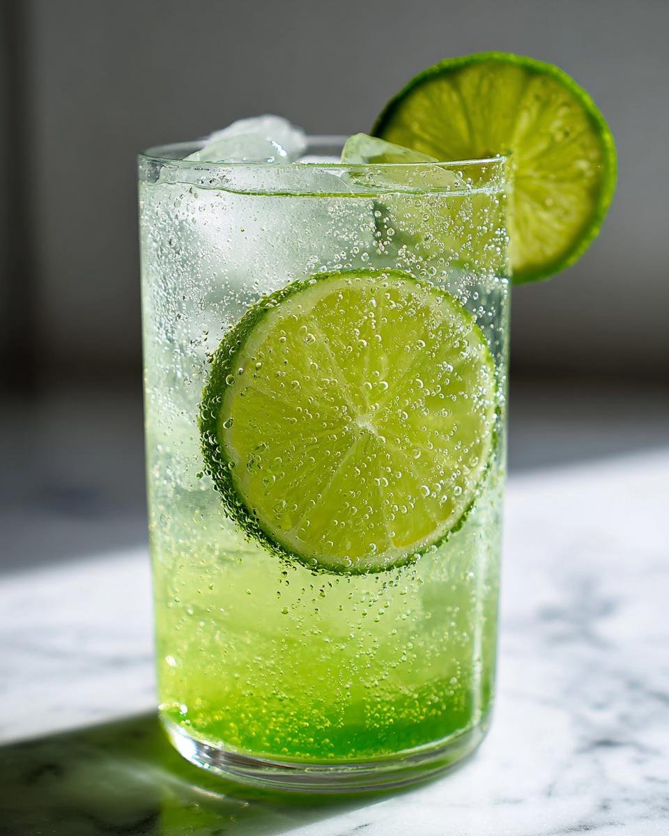 Close-up of a tall glass filled with a bubbly, bright green Lime Rickey Mocktail, garnished with two fresh lime slices.