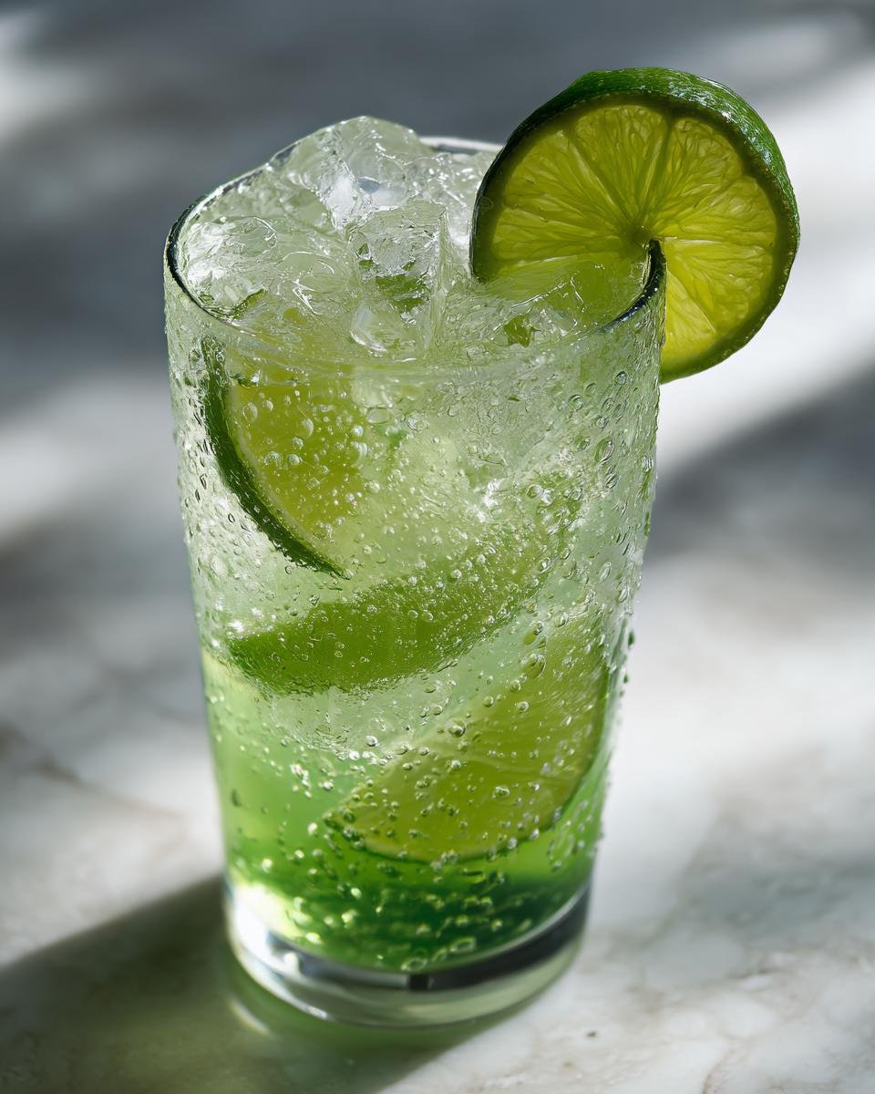 Close-up of a tall glass filled with a bubbly Lime Rickey Mocktail, crushed ice, and lime slices.