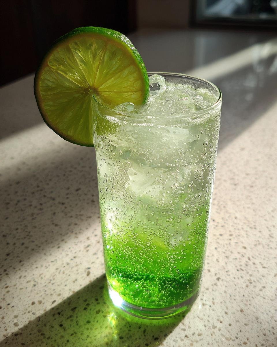 A tall glass filled with a vibrant green Lime Rickey Mocktail, ice, and a fresh lime wheel garnish.