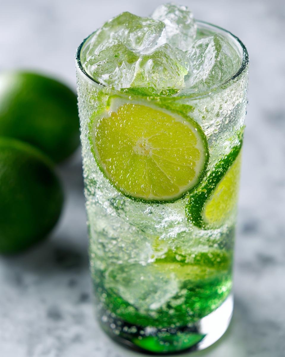 Close-up of a tall glass filled with an icy Lime Rickey Mocktails, featuring lime slices and condensation.