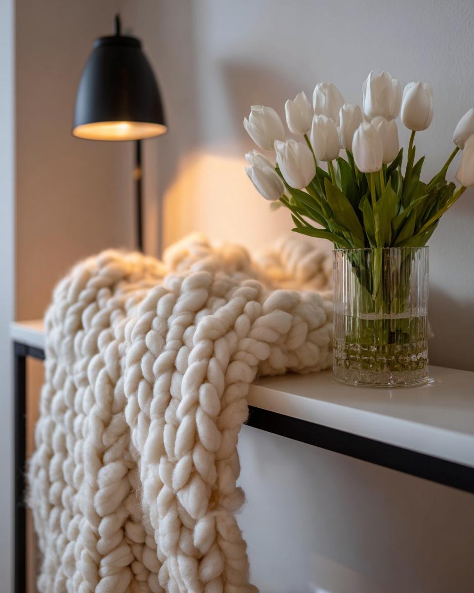 A chunky knit cream blanket draped next to white tulips, illustrating Tips To Creating Livable Luxury In Your Apartment.