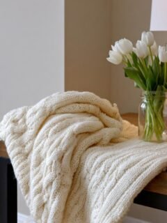 A cream-colored cable knit throw draped over a wooden table next to white tulips, suggesting livable luxury.