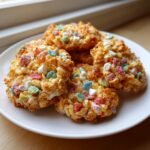 A stack of golden brown Loaded Lucky Charms Cornflakes Sugar Cookies studded with colorful marshmallows on a white plate.