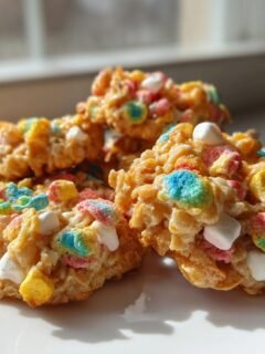 Close-up of several Loaded Lucky Charms Cornflakes Sugar Cookies studded with colorful marshmallows on a white plate.