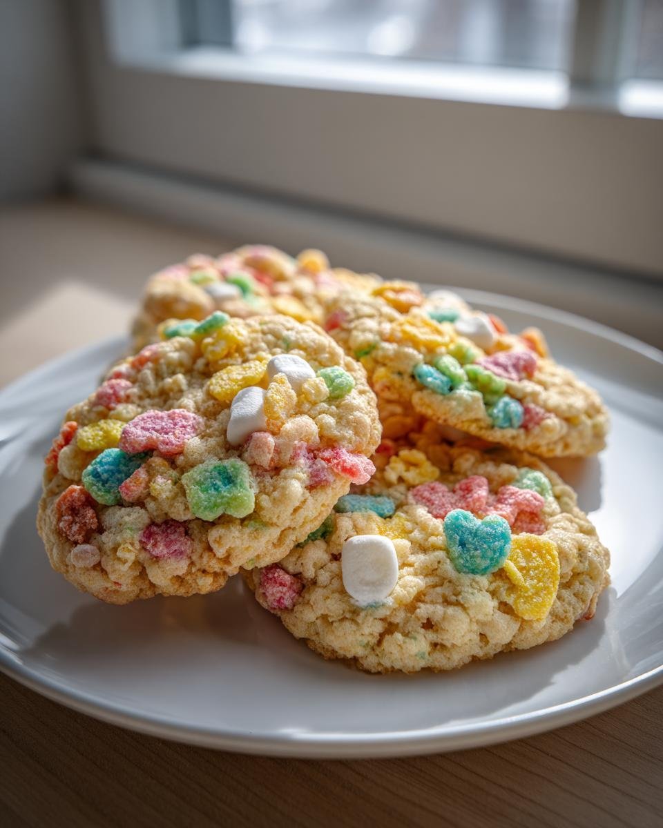 Close-up of several Loaded Lucky Charms Cornflakes Sugar Cookies topped with colorful marshmallows on a white plate.
