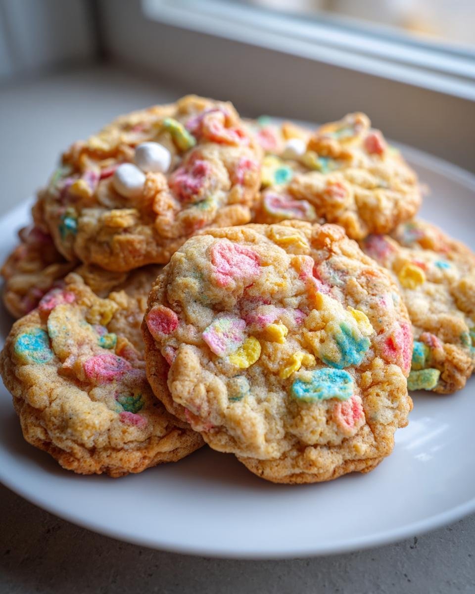 A stack of chewy Loaded Lucky Charms Cornflakes Sugar Cookies dotted with colorful marshmallows.