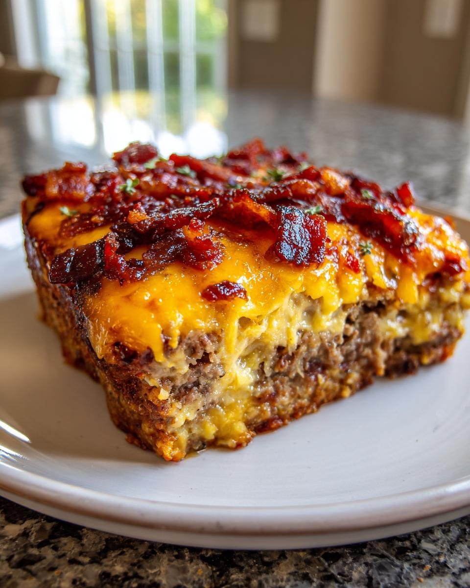A thick slice of Loaded Meatloaf Casserole topped with melted cheddar cheese and crispy bacon bits.