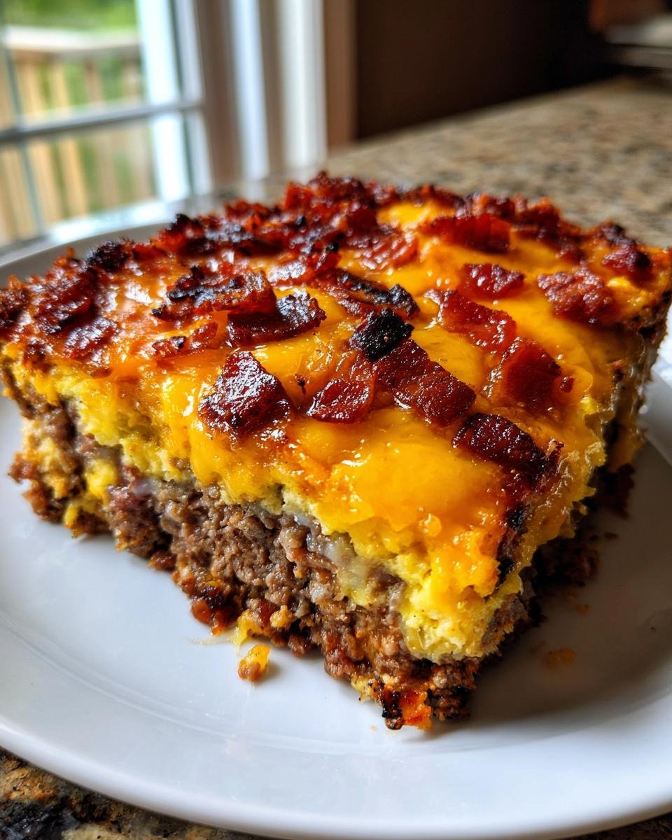 A thick slice of Loaded Meatloaf Casserole topped with melted cheddar cheese and crispy bacon pieces.