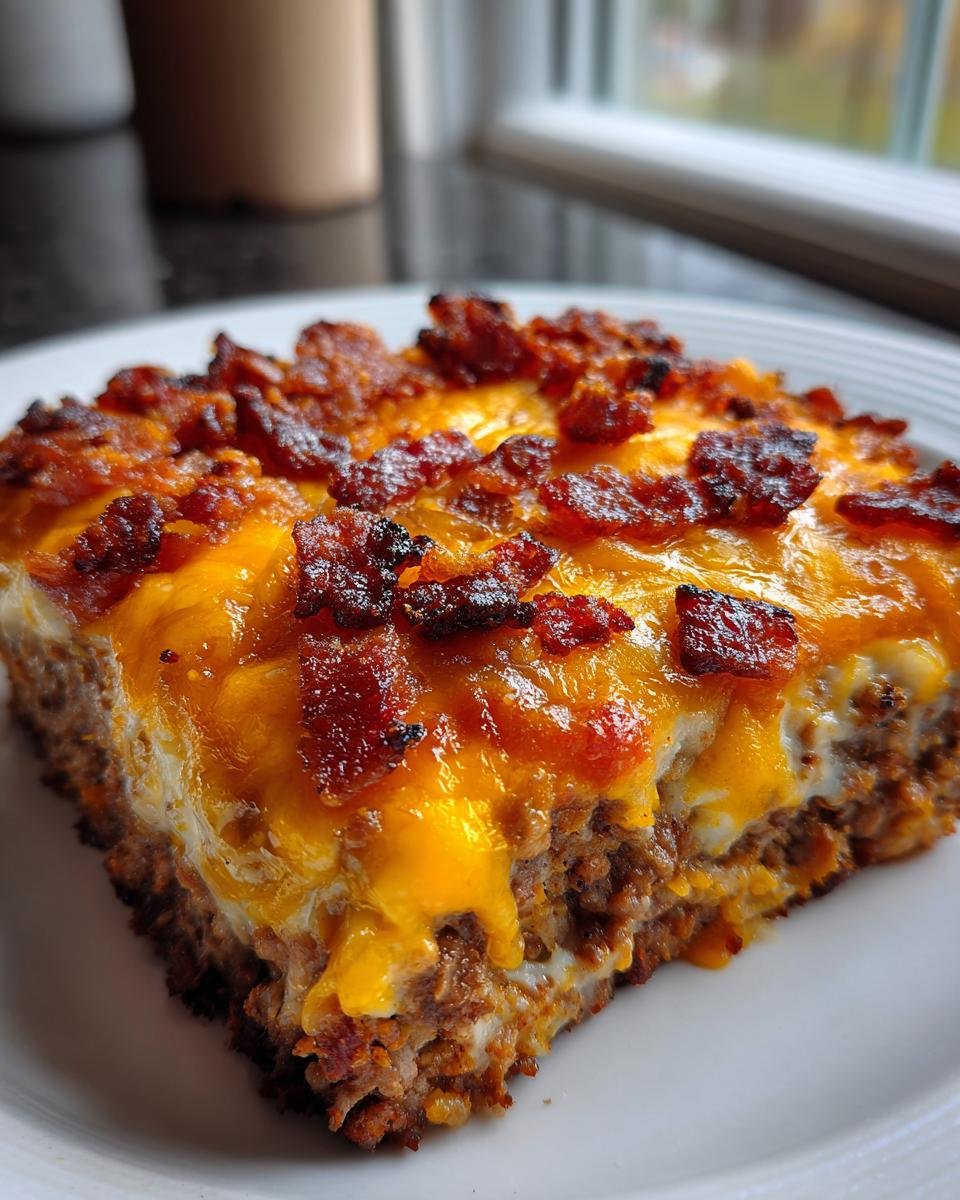 A close-up of a square slice of Loaded Meatloaf Casserole topped with melted cheddar cheese and crispy bacon pieces.