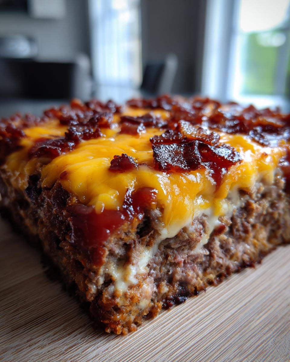 Close-up of a thick slice of Loaded Meatloaf Casserole topped with melted cheddar cheese, bacon bits, and ketchup.