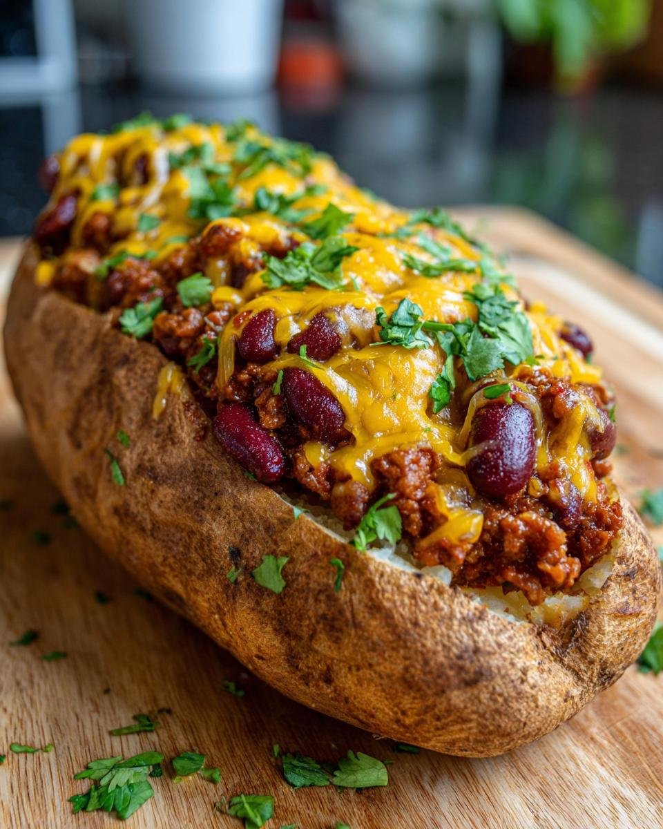 A baked potato overflowing with chili, red kidney beans, melted cheddar cheese, and fresh cilantro, ready to eat.