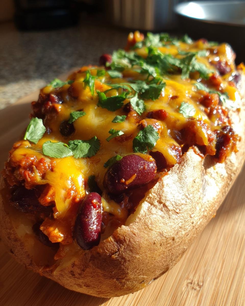 Close-up of a baked potato stuffed with spicy bean chili, melted cheddar cheese, and fresh cilantro, representing Loaded Potatoes With Spicy Beans.