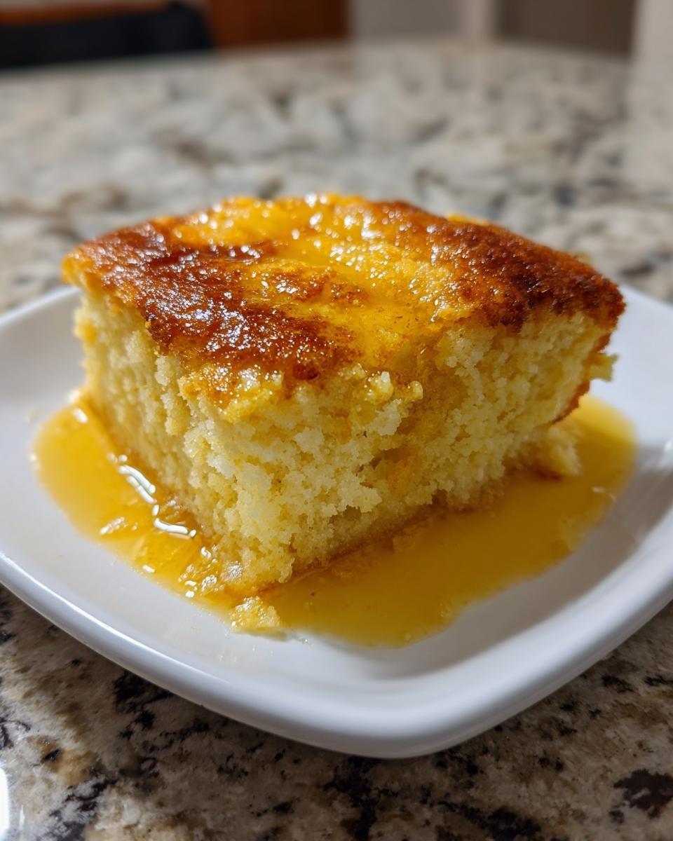 A square serving of moist Magic Lemon Cobbler with a golden, syrupy sauce pooling around it on a white plate.