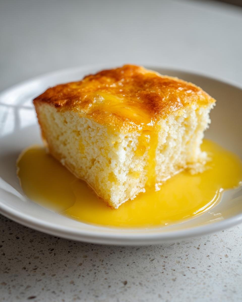 A square slice of light, fluffy Magic Lemon Cobbler sitting in a pool of bright yellow lemon sauce.