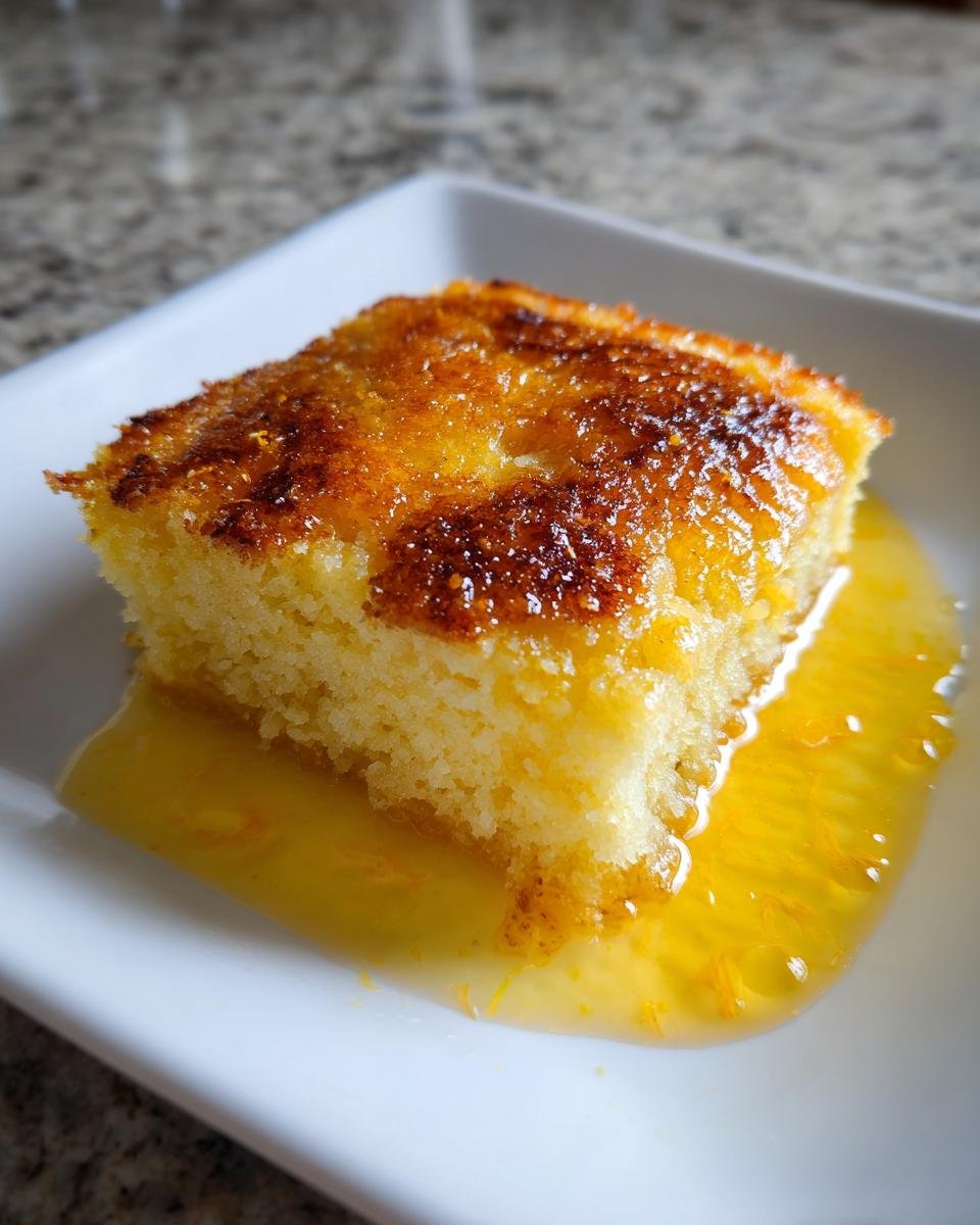 A close-up of a square slice of Magic Lemon Cobbler soaking in bright yellow lemon syrup.