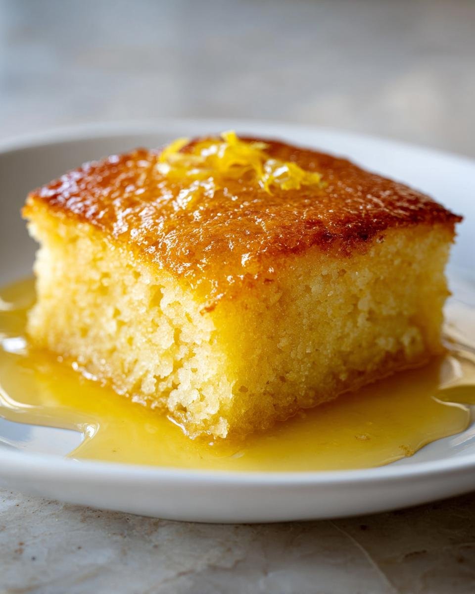 A close-up of a square slice of moist Magic Lemon Cobbler soaking in lemon syrup and topped with zest.