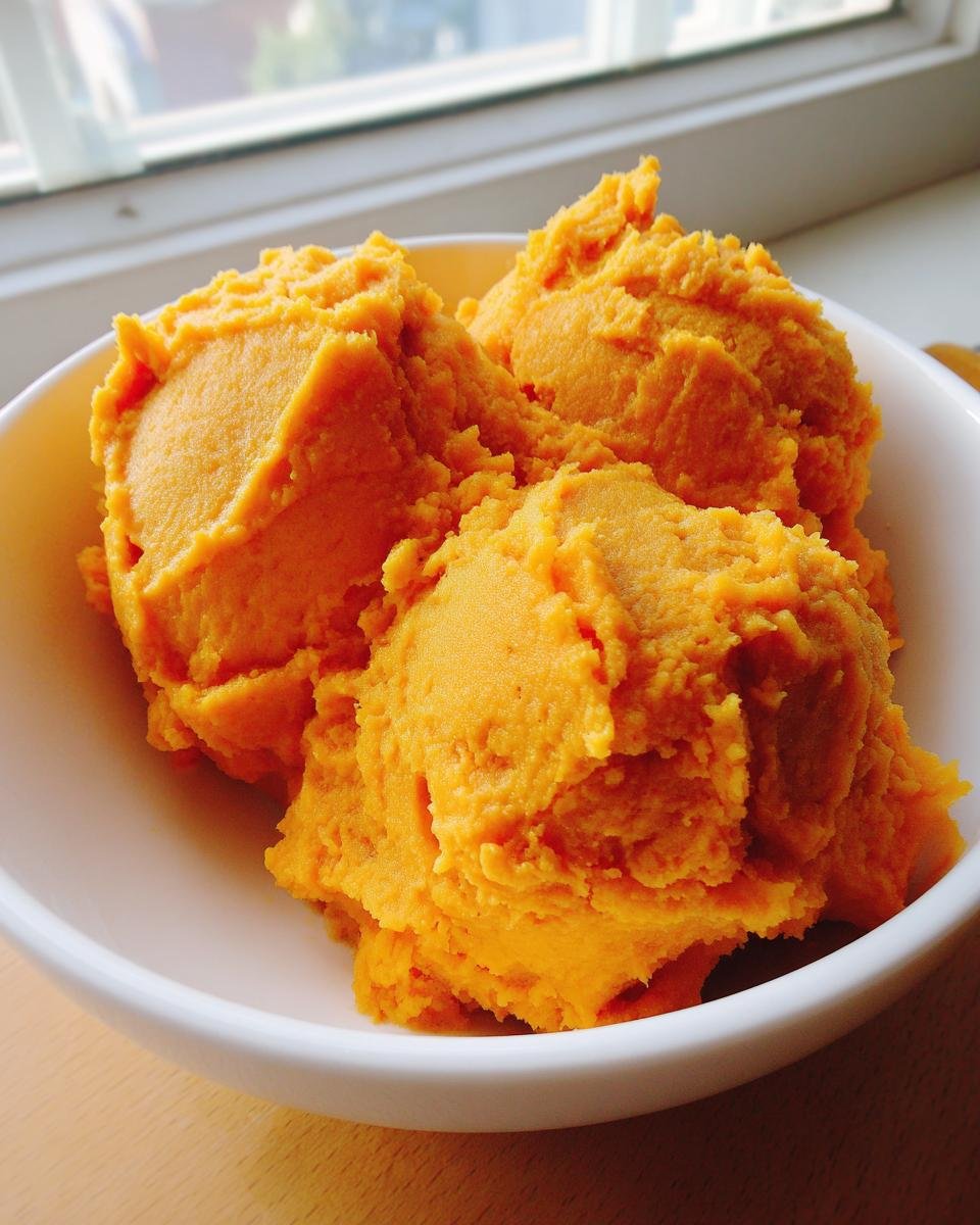 Three scoops of fluffy, bright orange Mashed Sweet Potatoes served in a white bowl near a window.