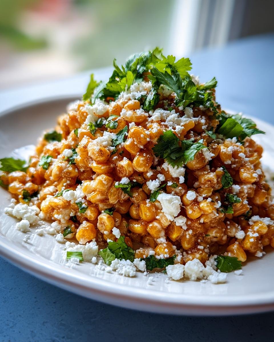 A close-up of a mound of seasoned Mexican Corn Salad topped with crumbled white cheese and fresh cilantro.