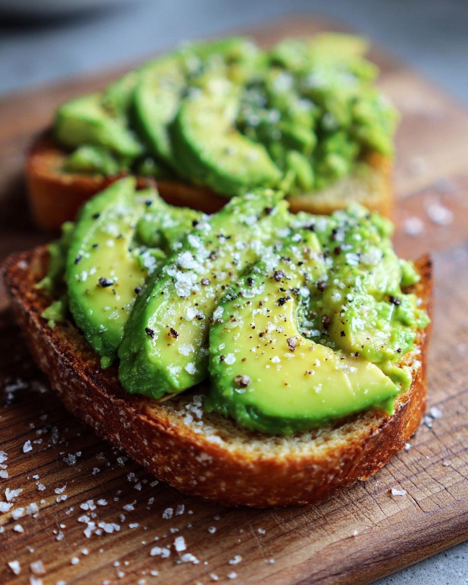 Close-up of Mind Blowing Avocado Toast featuring sliced avocado, coarse salt, and black pepper on toasted sourdough.