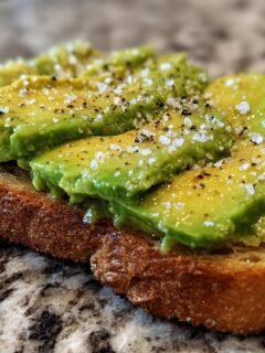 Close-up of Mind Blowing Avocado Toast featuring sliced avocado on toasted bread, topped generously with flaky salt and black pepper.