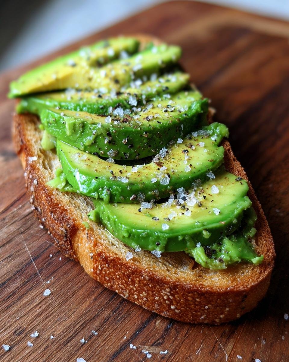 Close-up of Mind Blowing Avocado Toast featuring perfectly sliced avocado on toasted bread, topped with flaky sea salt and cracked black pepper.