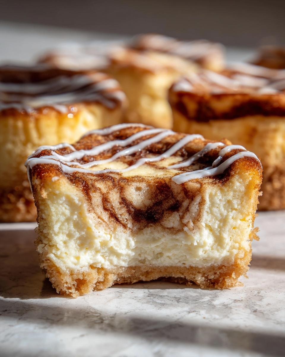 Close-up of a Mini Cinnamon Roll Cheesecakes with a bite taken out, showing creamy filling and cinnamon swirl.