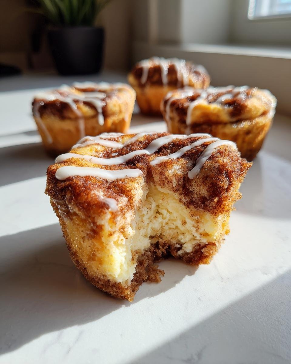 Close-up of a Mini Cinnamon Roll Cheesecakes with a bite taken out, showing creamy filling and cinnamon swirl, drizzled with white icing.