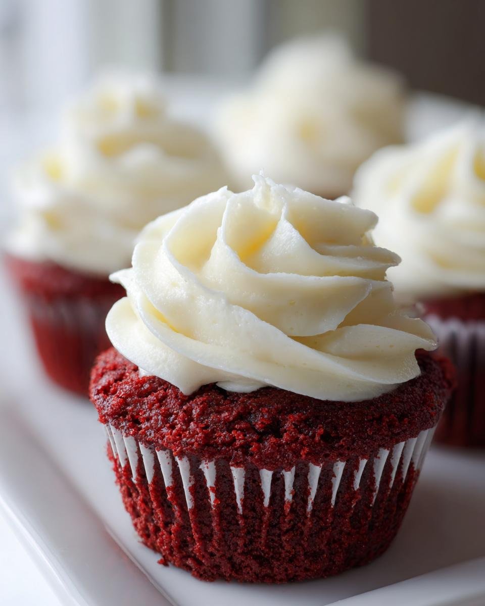 A close-up of a single, vibrant red velvet cupcake topped with a swirl of white cream cheese frosting, part of a batch of Dessert Mini Red Velvet Cupcakes Recipe.