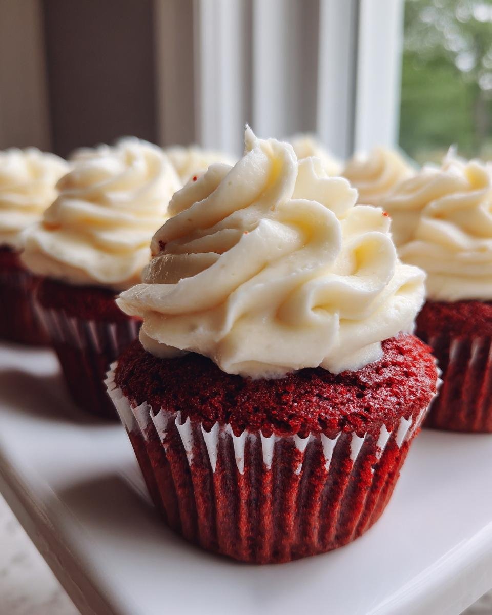A close-up of a freshly baked mini red velvet cupcake topped with a swirl of white cream cheese frosting.