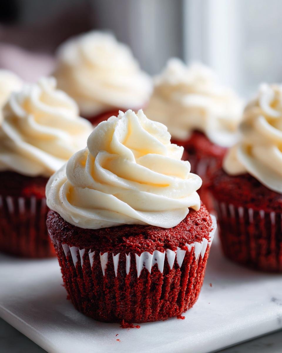 A close-up of one perfect mini red velvet cupcakes topped with swirled cream cheese frosting.