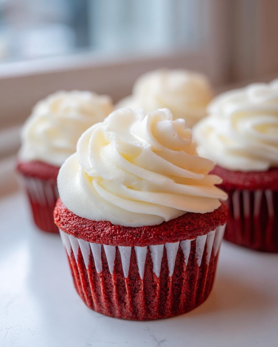 A close-up of a perfectly frosted mini red velvet cupcake, with more Dessert Mini Red Velvet Cupcakes Recipe in the background.