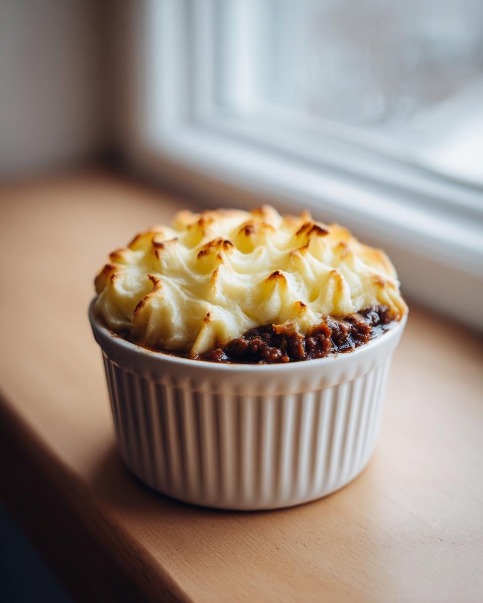 A single serving of Mini Shepherds Pies with piped, golden-brown mashed potato topping in a white ramekin.