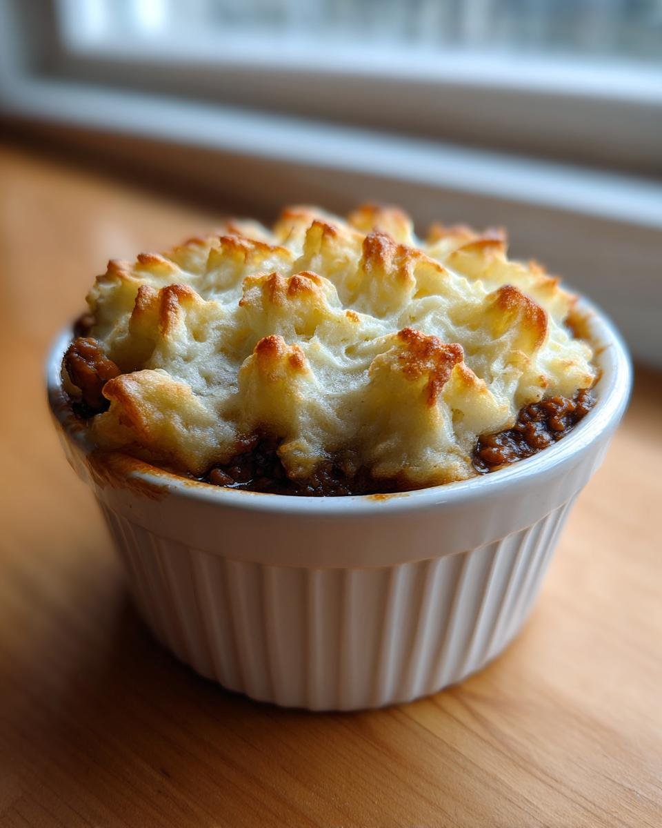 Close-up of a single serving Mini Shepherds Pie with fluffy, browned mashed potato topping in a white ramekin.