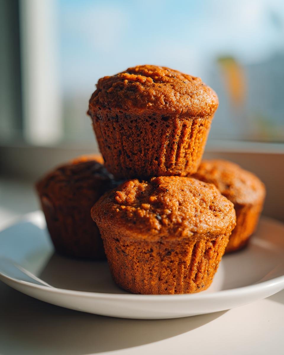 A stack of four freshly baked, moist Sweet Potato Muffins sitting on a white plate near a window.