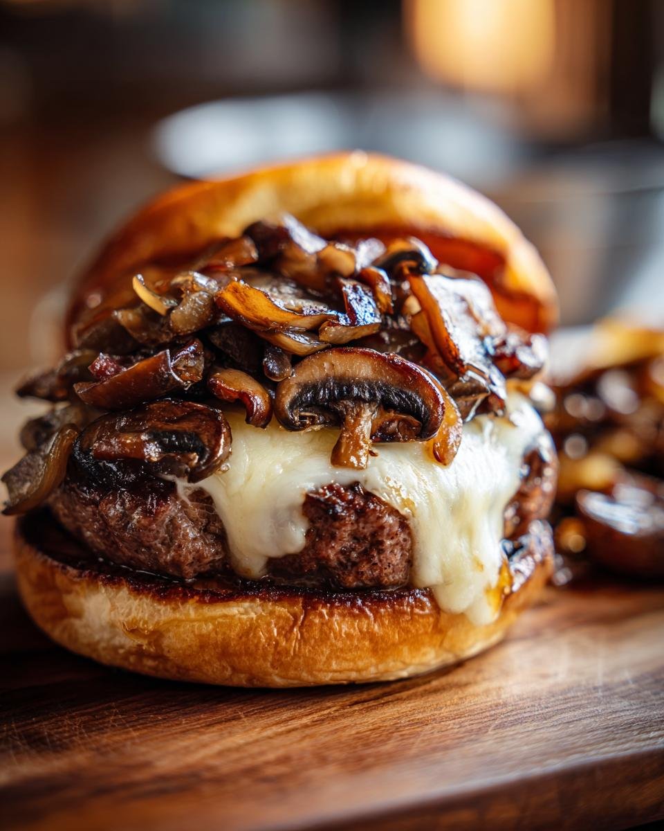 A close-up of a delicious Mushroom Swiss Burger featuring a thick patty, melted Swiss cheese, and saut&eacute;ed mushrooms on a toasted bun.