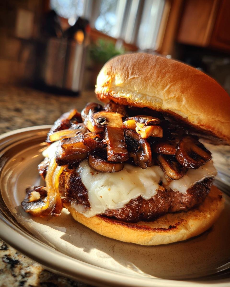 Close-up of a delicious Mushroom Swiss Burger featuring a beef patty, melted Swiss cheese, and saut&eacute;ed mushrooms on a toasted bun.