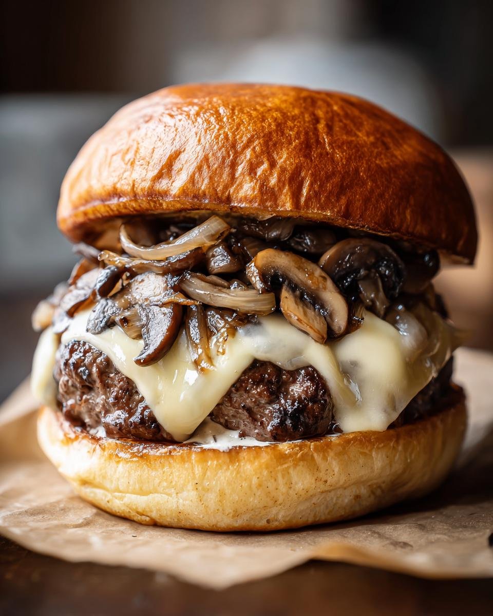 A close-up of a perfectly assembled Mushroom Swiss Burger featuring a thick patty, melted Swiss cheese, and saut&eacute;ed mushrooms and onions on a brioche bun.
