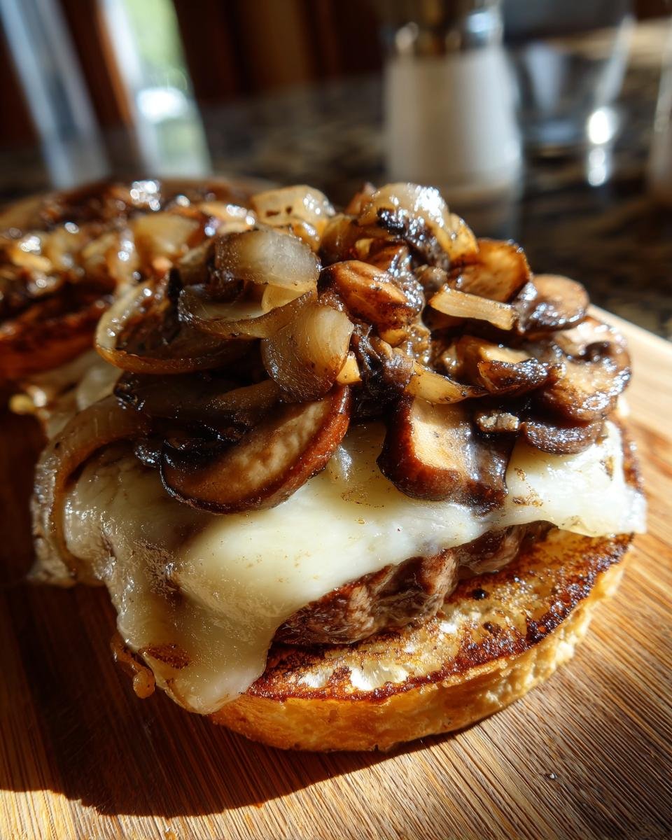 Close-up of a juicy Mushroom Swiss Burger featuring a beef patty topped with melted Swiss cheese and saut&eacute;ed mushrooms and onions.