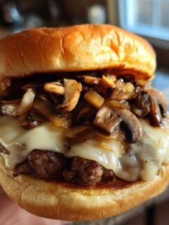 Close-up of a juicy Mushroom Swiss Burger topped with melted Swiss cheese, saut&eacute;ed mushrooms, and onions on a brioche bun.