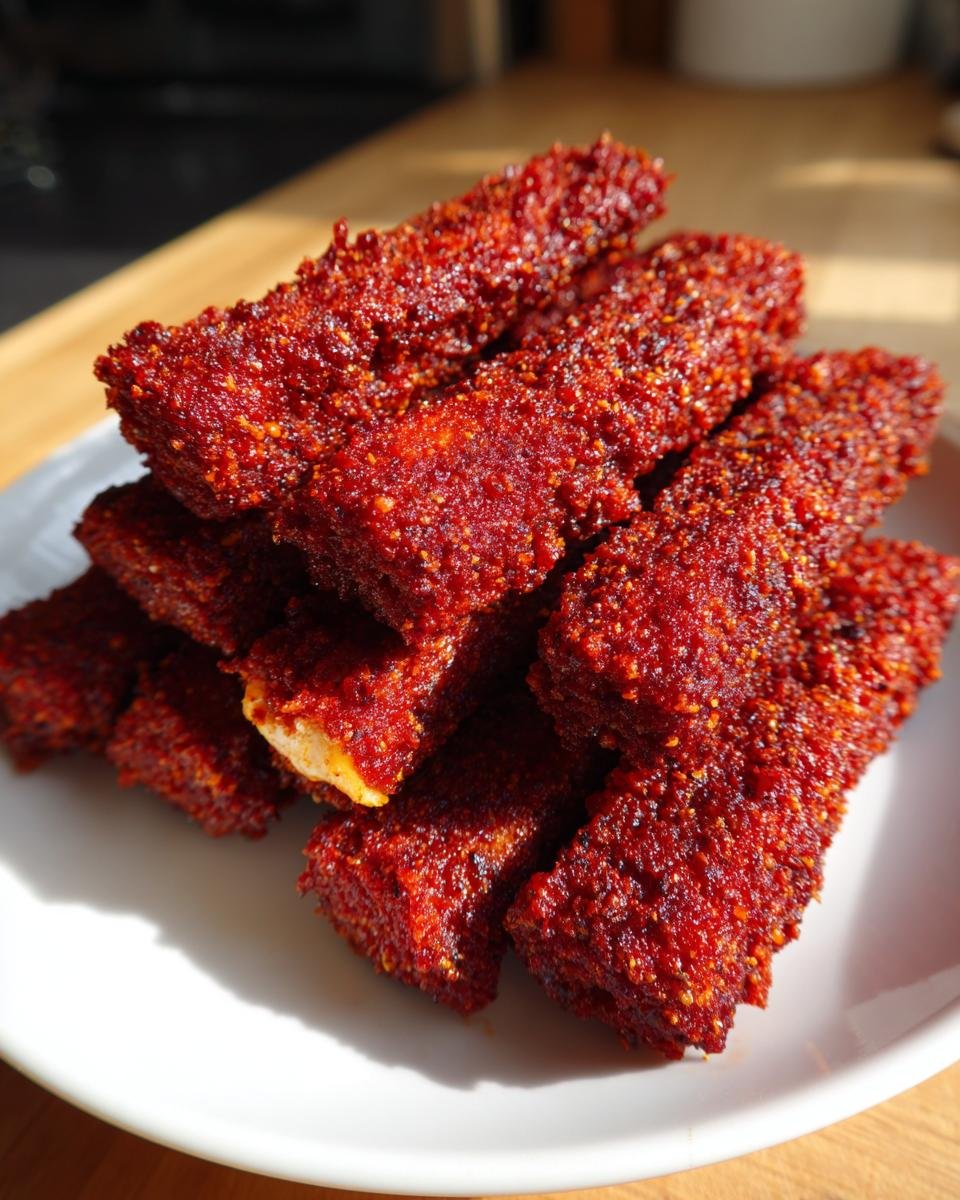 A pile of bright red, heavily seasoned Nashville Hot Mozzarella Sticks stacked on a white plate, ready to eat.