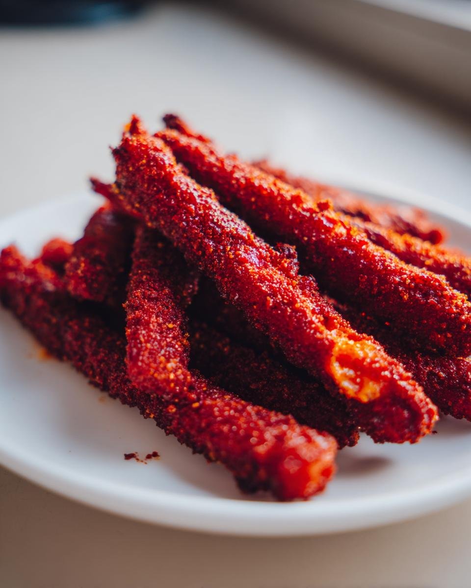 Close-up of a pile of bright red, heavily seasoned Nashville Hot Mozzarella Sticks stacked on a small white plate.