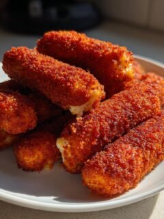 A pile of crispy, bright red Nashville Hot Mozzarella Sticks stacked on a white plate.