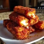 Close-up of a stack of crispy, bright red Nashville Hot Mozzarella Sticks with melted cheese oozing out.