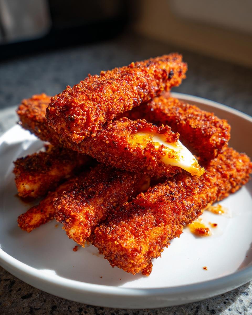 A close-up stack of crispy, bright red Nashville Hot Mozzarella Sticks on a white plate, with melted cheese slightly oozing out.