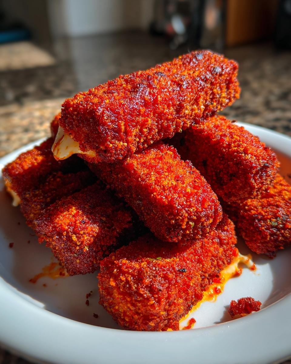 A stack of bright red, crispy Nashville Hot Mozzarella Sticks piled on a white plate, with cheese slightly oozing out.