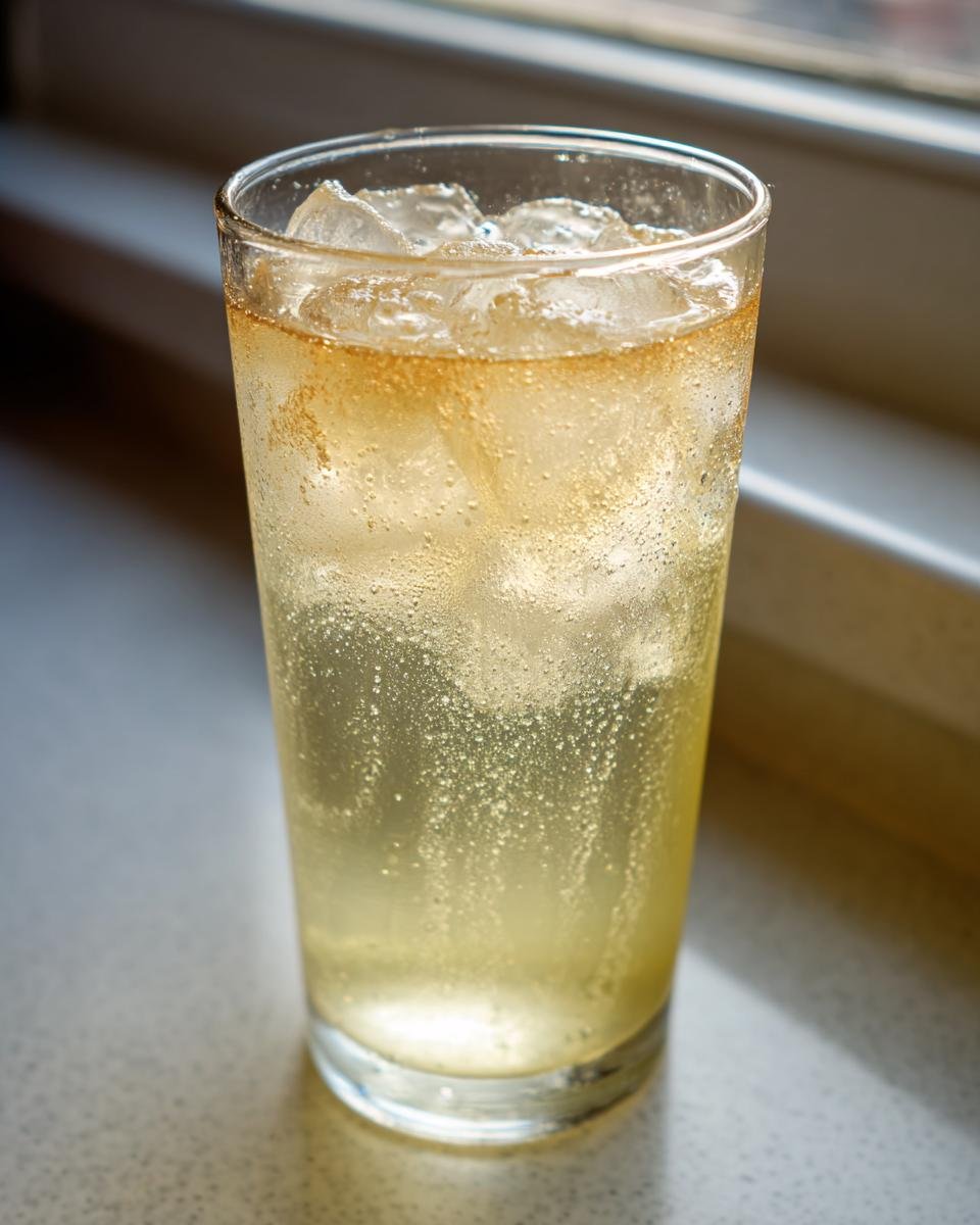 A tall glass filled with ice and fizzy Natural Homemade Lemon Ginger Ale, showing condensation on the glass.