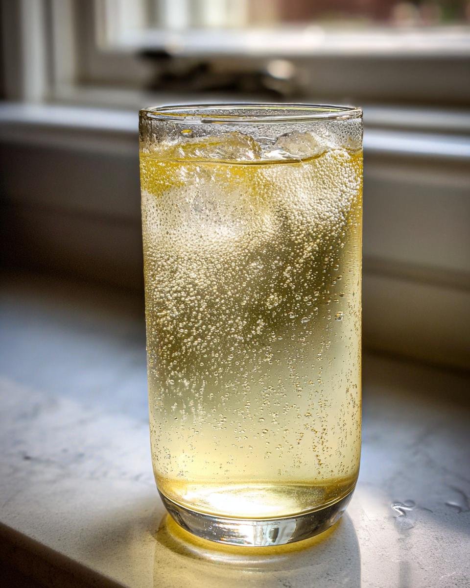 A tall glass filled with fizzy, bubbly Natural Homemade Lemon Ginger Ale, ice, and lemon slices.