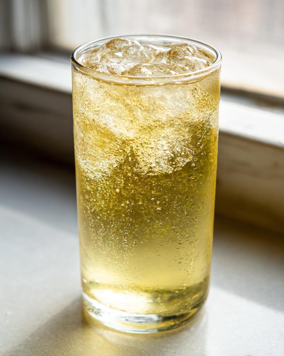 A tall glass filled with fizzy, golden Natural Homemade Lemon Ginger Ale and crushed ice.