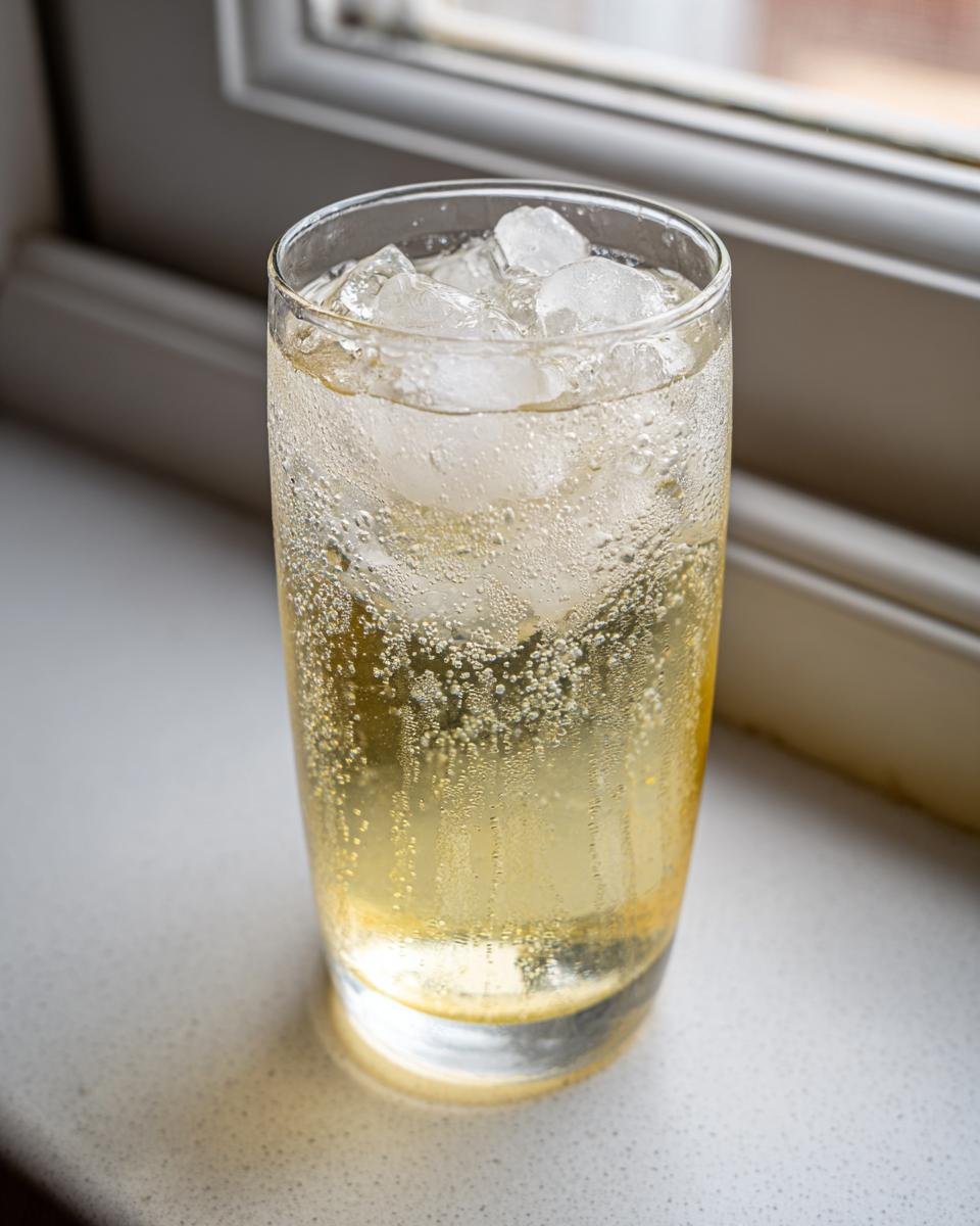 A tall glass filled with bubbly, golden Natural Homemade Lemon Ginger Ale and ice cubes, sitting on a light surface.