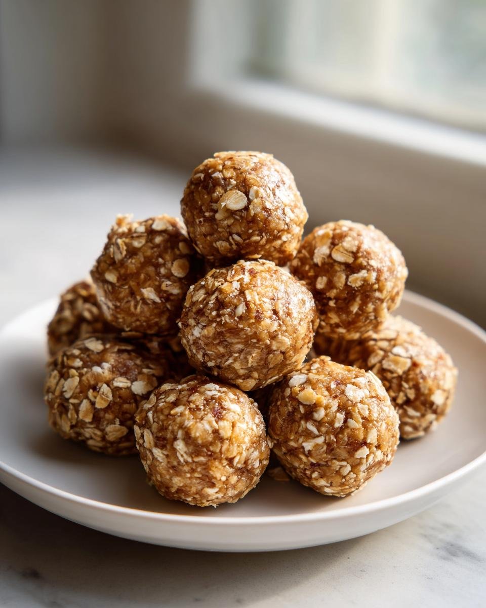 A stack of homemade, no-bake Energy Balls coated in visible rolled oats, presented on a white plate.